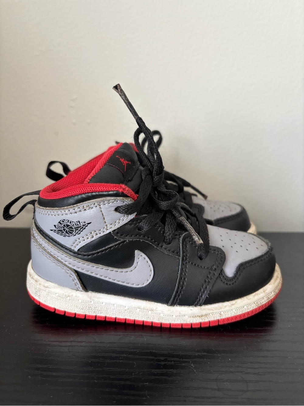 Jordan 1 Mid Baby/Toddler Shoes Color: Black/Fire Red/White/Cement Grey Size 7